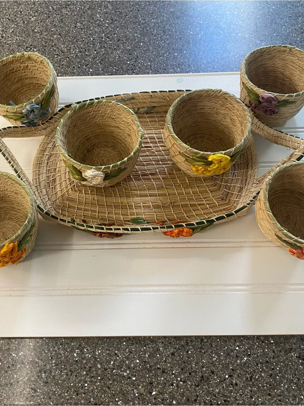 Handwoven Natural Straw Condiment Basket Set Floral Accents Jamaica Party Camp